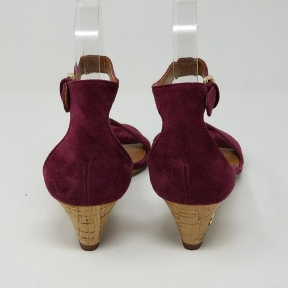 Tory Burch Savannah Cork Wedge Buckle Ankle Open Toe Burgundy Sandals Size 6.5 - Picture 3 of 7